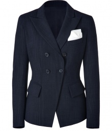 With its denim-effect stripey wool and ultra-modern cut, DKNYs high-low blazer is a cool choice for dressing up edgy menswear-inspired looks - Peaked lapel, long sleeves, flap and front slit pockets, double-breasted button closures, high-low hemline - Sharply tailored fit - Wear with immaculate separates and sleek leather accessories