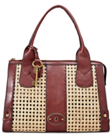 Made with unique natural bamboo caning and trimmed in sumptuous leather, this classic satchel silhouette from Fossil has an unmistakable '70s-inspired vibe. Spacious interior with plenty of compartments holds your day-to-day necessities with ease. Made with unique natural bamboo caning and trimmed in sumptuous leather, this classic satchel silhouette from Fossil has an unmistakable '70s-inspired vibe. Spacious interior with plenty of compartments holds your day-to-day necessities with ease.