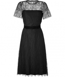 The Little Black Dress gets an elegant upgrade with soft sheer lace in this knee-length sheath from Collette Dinnigan - Strapless look with transparent, high neckline and silk detailed short sleeves - Features a tailored fit with flattering adjustable velvet sash and slightly flared skirt - Pair with platform patent leather heels