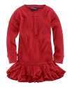A ruffled hem adds a bit of girly appeal to this comfy cotton design, adorned with a signature embroidered pony at the chest.