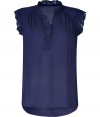 Delicate lace trim lends this midnight blue Ella Moss top its easy, feminine polish - Crafted from a soft, lightweight rayon - Slim, fluid cut, with lace embellishment at small, stand-up collar and half-sleeves - V-neck and gather detail at shoulders - Versatile and chic, ideal for any number of occasions - Pair with slim trousers, skinny jeans or pencil skirts