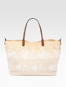 Stash your essentials in this roomy silhouette of woven straw finished with gorgeous lace embroidery.Leather double top handles, 8¾ dropTop snap closureProtective metal feetOne inside zip pocketTwo inside open pocketsCotton lining15¾W X 12H X 7½DMade in Italy Stash your essentials in this roomy silhouette of woven straw finished with gorgeous lace embroidery.Leather double top handles, 8¾ dropTop snap closureProtective metal feetOne inside zip pocketTwo inside open pocketsCotton lining15¾W X 12H X 7½DMade in Italy