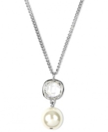 Endless elegance from Givenchy. Crafted in imitation rhodium mixed metal, a glass pearl and cubic zirconia stone are hung from a metal chain. Approximate length: 16 inches + 2-inch extender. Approximate drop: 1-1/4 inches.