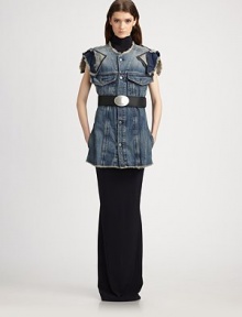 Artfully frayed edging and inverted back darts add intrigue to this cotton denim style.CollarlessCap sleevesButton frontPatch flap button pocketsFrayed edgesInverted back dartsAbout 30 from shoulder to hemCottonMachine washMade in Italy of imported fabricModel shown is 5'9 (175cm) wearing US size 4. Artfully frayed edging and inverted back darts add intrigue to this cotton denim style.CollarlessCap sleevesButton frontPatch flap button pocketsFrayed edgesInverted back dartsAbout 30 from shoulder to hemCottonMachine washMade in Italy of imported fabricModel shown is 5'9 (175cm) wearing US size 4.