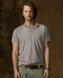 Putting a downtown spin on a preppy style icon, this short-sleeved polo in cotton jersey gives off some serious surplus attitude with rustic stripes. Putting a downtown spin on a preppy style icon, this short-sleeved polo in cotton jersey gives off some serious surplus attitude with rustic stripes.