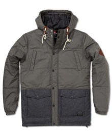 BBrrr! It may be chilly and raining outside but Quiksilver has you covered from both sides in this warm and water resistant puffy jacket. BBrrr! It may be chilly and raining outside but Quiksilver has you covered from both sides in this warm and water resistant puffy jacket.