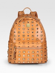 A coated canvas design that possesses the character of German functionality and craftsmanship with an iconic laurel logo print, luxurious leather trim and shiny two-tone studs.Top handle, 3 dropDouble adjustable shoulder straps, 10-13 dropTop zip closureOne outside zip pocketTwo outside open pocketsOne inside zip pocketOne inside open pocketFully lined12½W X 15½H X 6DMade in Italy