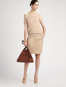 A modern pencil skirt of crisp woven cotton and supple leather trim.Panel constructionSide slash pocketsLeather side panels Back welt pocketsConcealed back zipFully linedAbout 18 from natural waist97% cotton/3% polyurethaneDry cleanImportedModel shown is 5'11 (180cm) wearing US size 4.OUR FIT MODEL RECOMMENDS ordering true size. A modern pencil skirt of crisp woven cotton and supple leather trim.Panel constructionSide slash pocketsLeather side panels Back welt pocketsConcealed back zipFully linedAbout 18 from natural waist97% cotton/3% polyurethaneDry cleanImportedModel shown is 5'11 (180cm) wearing US size 4.OUR FIT MODEL RECOMMENDS ordering true size.