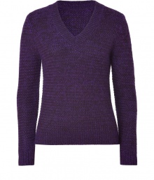 British style stalwart Paul Smith is renowned for his elegant, classic-with-a-twist aesthetic, and this purple pullover is a chic example -  Crafted from a sumptuously soft, wool and mohair blend in an of the moment, oversize knit - Slim, fitted cut, with v-neck and long sleeves - Rib trim at cuffs, collar and hem - Ideal for work or weekend and for pairing with cigarette trousers, skinny denim and pencil skirts