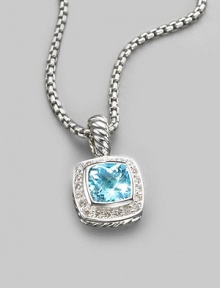 From the Petite Albion Cushion Collection. A softly hued, richly faceted blue topaz, surrounded by pavé diamonds on a chain of sterling silver. Diamonds, 0.20 tcw Blue topaz Sterling silver Chain length, about 17 Pendant width, about ¼ Lobster clasp Made in USA From the Petite Albion Cushion Collection. A softly hued, richly faceted blue topaz, surrounded by pavé diamonds on a chain of sterling silver. Diamonds, 0.20 tcw Blue topaz Sterling silver Chain length, about 17 Pendant width, about ¼ Lobster clasp Made in USA