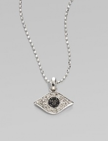 A whimsical evil eye, richly rendered diamonds and blue sapphires, hangs from a 14k white gold chain. Diamonds, 0.1 tcw Sapphires 14k white gold Chain length, about 16 Pendant width, about ½ Claw clasp Imported 