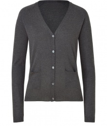 A stylish staple that youll return to season after season, Jil Sander Navys grey cardigan embodies classic chic - Crafted from a lighter-weight, sumptuously soft silk and cashmere blend - Slim cut, with v-neck, long, fitted sleeves and full button placket - Two small pockets at front, rib trim at cuffs and hem - An elegant, everyday go-to ideal for pairing with everything from jeans and miniskirts to dress trousers and leather pants