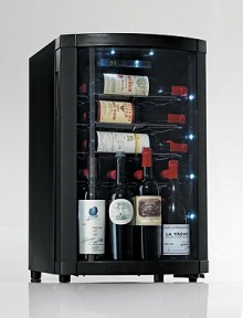 This refrigerator displays your wines and dispels your fears about storing opened bottles. A convex-shaped door with a built-in shelf holds four bottles upright. Digital temperature control maintains ideal conditions for both reds and whites! This refrigerator displays your wines and dispels your fears about storing opened bottles. A convex-shaped door with a built-in shelf holds four bottles upright. Digital temperature control maintains ideal conditions for both reds and whites!