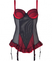 Get the sultry glamorous look of a vintage 1950s pin up girl in Von Follies by Dita Von Teeses black and luxury red spotted stretch mesh ruffled fitted chemise - Underwire style, lightly padded structured cups, slinky red lightweight satin detailing over sheer black hail spot stretch mesh, scalloped trim on cups, wide adjustable straps, adjustable back hook-and-eye closures - Sheer mesh body, sheer black hail spot mesh over luxury red satin ruffled trim around hemline, stitched satin and lace garter straps with clips - Wear with silk stockings for a seriously seductive look Get the sultry glamorous look of a vintage 1950s pin up girl in Von Follies by Dita Von Teeses black and luxury red spotted stretch mesh ruffled fitted chemise - Underwire style, lightly padded structured cups, slinky red lightweight satin detailing over sheer black hail spot stretch mesh, scalloped trim on cups, wide adjustable straps, adjustable back hook-and-eye closures - Sheer mesh body, sheer black hail spot mesh over luxury red satin ruffled trim around hemline, stitched satin and lace garter straps with clips - Wear with silk stockings for a seriously seductive look