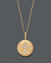 Add charm with a little Parisian inspiration. This sparkling pendant features the iconic Fleur-de-Lis symbol in sparkling, round-cut diamonds (1/10 ct. t.w.). Setting and chain crafted in 14k gold. Approximate length: 18 inches. Approximate drop: 1/2 inch. Add charm with a little Parisian inspiration. This sparkling pendant features the iconic Fleur-de-Lis symbol in sparkling, round-cut diamonds (1/10 ct. t.w.). Setting and chain crafted in 14k gold. Approximate length: 18 inches. Approximate drop: 1/2 inch.