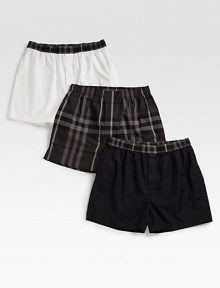 A set of three woven cotton boxer shorts in a signature check pattern is neatly packaged, perfect for gift giving.Elastic waistbandButton-flyCotton/elastaneMachine washImported A set of three woven cotton boxer shorts in a signature check pattern is neatly packaged, perfect for gift giving.Elastic waistbandButton-flyCotton/elastaneMachine washImported