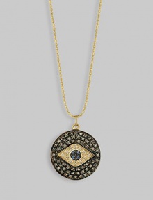 Believed by many cultures to be an amulet that protects one from harm, the evil eye is even more powerful when encrusted with diamonds, as in this shimmering 14k gold medallion with an iris of sapphires. 14k gold oval ball chain 0.45 tcw diamonds 0.03 tcw sapphires About ½ diam. medallion 16 long chain Lobster claw clasp Imported Believed by many cultures to be an amulet that protects one from harm, the evil eye is even more powerful when encrusted with diamonds, as in this shimmering 14k gold medallion with an iris of sapphires. 14k gold oval ball chain 0.45 tcw diamonds 0.03 tcw sapphires About ½ diam. medallion 16 long chain Lobster claw clasp Imported