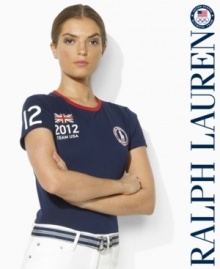 Designed in celebration of Team USA's participation in the 2012 Olympic Games, a short-sleeved Ralph Lauren crewneck tee in breathable, light-as-air cotton jersey is emblazoned with athletic-inspired graphics and embroidery.