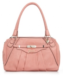 A tailored silhouette takes on a flirtatious look with demure front pleating, faux crystal-embellished turnlock and braided handle detailing. The ample, well-organized interior with plenty of pockets make this GUESS satchel the obvious choice. A tailored silhouette takes on a flirtatious look with demure front pleating, faux crystal-embellished turnlock and braided handle detailing. The ample, well-organized interior with plenty of pockets make this GUESS satchel the obvious choice.