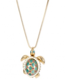 A little shell game is going on with this stylish pendant from Betsey Johnson. Open it up to reveal glass pearls and a turquoise-tone starfish. Crafted from gold-tone mixed metal with glass crystal accents. Approximate length: 30 inches + 3-inch extender. Approximate drop: 2 inches.