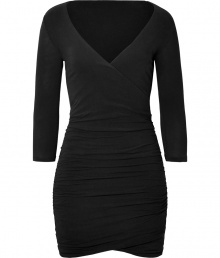 Stylish dress in fine, black cotton blend - Especially comfortable and flattering, thanks to a touch of stretch - Wrap-style bodice with on-trend, 3/4 sleeves and deep v-neck - Curve-hugging, elegantly ruched skirt hits above the knee - Sexy and chic, ideal for cocktails and evenings out - Pair with flat sandals or wedges and a raffia tote or clutch