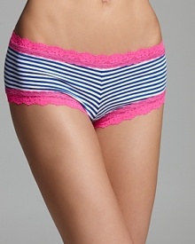 Nautical-inspired boyshorts with contrast lace trim and contrast stitching. Nautical-inspired boyshorts with contrast lace trim and contrast stitching.