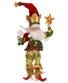 A new star of the holiday season, the Christmas Wishes fairy shines bright with glitter, tinsel and even a shimmering beard. Set his arms and legs in a pose that shows off his dazzling personality. From Mark Roberts.