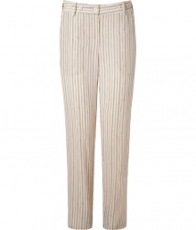 Channel understated chic in these stylish silk pants from Vanessa Bruno - Flat front, button-detailed waistband, belt loops, side slit pockets, back patch pockets, all-over stripe print - Style with a cashmere pullover, an A-line wool coat, and ankle booties