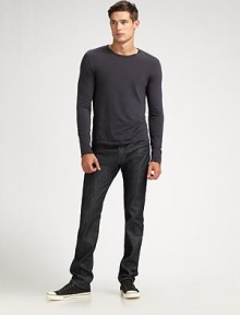 The label's slimmest fit for men sits straight on the waist with a regular rise. It fits slim through the hips and thigh before tapering down to bottom opening. Five-pocket styleInseam, about 32CottonMachine washImported The label's slimmest fit for men sits straight on the waist with a regular rise. It fits slim through the hips and thigh before tapering down to bottom opening. Five-pocket styleInseam, about 32CottonMachine washImported