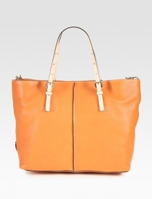 A perfect blend of beauty and functionality, this roomy design is crafted from sumptuous leather with contrast trim. Adjustable double top handles, 3¾-9½ dropAdjustable shoulder strap, 20½-21 dropTop zip closureOne inside zip pocketTwo inside open pocketsFully lined14½W X 12H X 6DMade in Italy A perfect blend of beauty and functionality, this roomy design is crafted from sumptuous leather with contrast trim. Adjustable double top handles, 3¾-9½ dropAdjustable shoulder strap, 20½-21 dropTop zip closureOne inside zip pocketTwo inside open pocketsFully lined14½W X 12H X 6DMade in Italy
