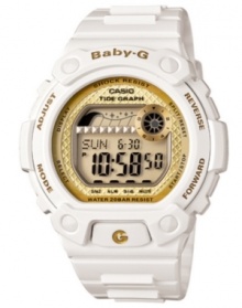 Crown a new timepiece champion with this BLX series Baby-G watch. Crafted of white resin strap and round case with golden accents. Shock-resistant gold tone positive digital display dial features tide graph, EL backlight with afterglow, day and date feature, world time, 2 multifunction alarms, snooze, 1/100 second stopwatch, countdown timer, 12/24 hour formats, full automatic calendar and mute function. Quartz movement. Water resistant to 200 meters. One-year limited warranty.