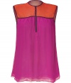 Luxe sleeveless top in fine, pure crinkled silk chiffon - A vibrant summer standout from it-designer Sophie Theallet - Fashionably colorblocked in lush shades of pink and orange - Semi-sheer, double layer style with round neck and decorative contrast piping - Relaxed, straight silhouette flares gently at hem - Elegant and eye-catching, seamlessly transitions from day to evening - Pair with ankle cropped trousers, pencil skirts or Bermuda shorts