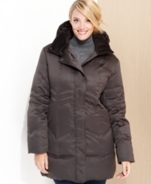 Cute zigzag quilting updates an essential plus size puffer coat from DKNY. A cozy hood provides extra protection from the elements.