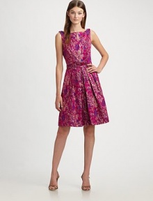 Brightly-hued shimmery brocade, elevated by exposed pleated edges at the waist.Sabrina neckline Sleeveless Full pleated skirt Side slash pockets Concealed back zip Fully lined About 22 from natural waist 62% acetate/32% nylon/6% polyester Dry clean ImportedModel is 5'10 (177cm) wearing US size 4. 