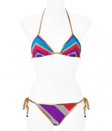Stylish bikini in fine, multicolor nylon stretch blend - Vibrant and retro-chic in purple, blue and red with gold piping - Triangle top with adjustable cups ties at back and nape of the neck - Bikini brief ties at hips and offers full coverage at rear - Sleek and sexy, perfect for the pool or your next beach getaway - Wear solo or pair with a caftan and wedge sandals Stylish bikini in fine, multicolor nylon stretch blend - Vibrant and retro-chic in purple, blue and red with gold piping - Triangle top with adjustable cups ties at back and nape of the neck - Bikini brief ties at hips and offers full coverage at rear - Sleek and sexy, perfect for the pool or your next beach getaway - Wear solo or pair with a caftan and wedge sandals
