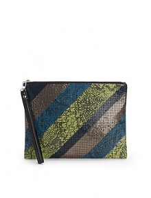 THE LOOKMesh body with colorblock designTop zip closureLeather wristlet strapOne inside zip pocketTHE MEASUREMENT11½W X 8½H X ¼DTHE MATERIALAluminumFully linedORIGINImported THE LOOKMesh body with colorblock designTop zip closureLeather wristlet strapOne inside zip pocketTHE MEASUREMENT11½W X 8½H X ¼DTHE MATERIALAluminumFully linedORIGINImported