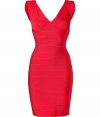 Strike a sultry pose in this perennial favorite cocktail-ready dress from Herv? L?ger - V-neckline, thick straps, d?colletage-enhancing at bust, bandage style with figure-hugging multi-panels, concealed back zip closure - Style with metallic platform pumps and a statement clutch