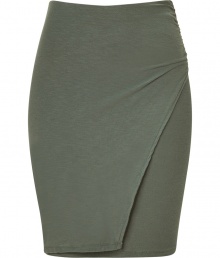 Stylish and sexy, this easy to style skirt from James Perse takes your casual look to the next level - Pencil silhouette, side ruche detail, faux-wrap with overlay slit detail - Wear with an oversized blouse, platform heels, and a statement satchel Stylish and sexy, this easy to style skirt from James Perse takes your casual look to the next level - Pencil silhouette, side ruche detail, faux-wrap with overlay slit detail - Wear with an oversized blouse, platform heels, and a statement satchel