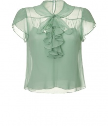 Delicate top of fine, light green silk - Transparent look is feminine and romantic - Thin-strapped tank underneath - Elegant look with ruffled neck tie, short-waisted silhouette with small collar and cap sleeves - Beautiful with tuxedo pants or pencil skirt, and heels for the office or formal dinner