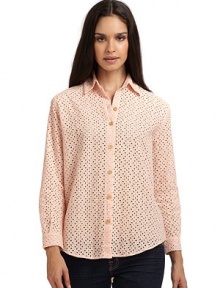 THE LOOKAllover eyelet constructionShirt collarButton-frontLong sleeves with barrel cuffsTHE FITAbout 24 from shoulder to hemTHE MATERIALCottonCARE & ORIGINHand washMade in USAModel shown is 5'11 (180cm) wearing US size Small. THE LOOKAllover eyelet constructionShirt collarButton-frontLong sleeves with barrel cuffsTHE FITAbout 24 from shoulder to hemTHE MATERIALCottonCARE & ORIGINHand washMade in USAModel shown is 5'11 (180cm) wearing US size Small.