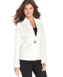 Jones New York's boiled wool cardigan features a sparkling jeweled detail at the snap closure and an elegant deep V neckline.