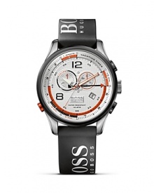 HUGO BOSS' Regatta chronograph features a countdown function, racing chronograph function, and an alarm. A logo printed strap lends a signature finish. HUGO BOSS' Regatta chronograph features a countdown function, racing chronograph function, and an alarm. A logo printed strap lends a signature finish.