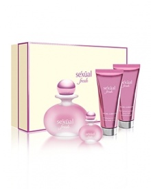 Because you are beautiful. The fragrance that envelops you with a gorgeous, youthful beauty. Sexual Fresh opens with iced ruby grapefruit and cooling cardamom. A pure bouquet of pink peony, white magnolia, and crushed white tea leaves deepens to a sensuous dry down of sensual musk with a hint of precious amber.Fragrance Type: Fruity FloralTOP: Iced Ruby Grapefruit, Bergamot, Fresh Ginger, Cooling CardamomMIDDLE: Pink Peony, Star Jasmin, White Tea, MagnoliaHEART: Sandalwood, Sensual Musk, Precious AmberSet Includes:Eau de parfum Spray 2.5 oz./75mlLuxury body lotion 3.4 oz./100mlLuxury bath and Shower gel 6.8 oz./200mlParfum miniature 0.3 oz./10 ml Because you are beautiful. The fragrance that envelops you with a gorgeous, youthful beauty. Sexual Fresh opens with iced ruby grapefruit and cooling cardamom. A pure bouquet of pink peony, white magnolia, and crushed white tea leaves deepens to a sensuous dry down of sensual musk with a hint of precious amber.Fragrance Type: Fruity FloralTOP: Iced Ruby Grapefruit, Bergamot, Fresh Ginger, Cooling CardamomMIDDLE: Pink Peony, Star Jasmin, White Tea, MagnoliaHEART: Sandalwood, Sensual Musk, Precious AmberSet Includes:Eau de parfum Spray 2.5 oz./75mlLuxury body lotion 3.4 oz./100mlLuxury bath and Shower gel 6.8 oz./200mlParfum miniature 0.3 oz./10 ml