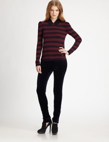 Sporty stripes and a faux collar decorate this fine-knit silk pullover.Faux collar detailShoulder gathersLong sleevesSilk/cottonDry cleanImportedModel shown is 5'10 (177cm) wearing US size Small. 