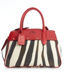 Dressed in a safari-inspired zebra print, this wildly gorgeous Dooney & Bourke bag will add a fun feel to any look. Colorful trim and gold-tone hardware perfectly complete this eye-catching design. Dressed in a safari-inspired zebra print, this wildly gorgeous Dooney & Bourke bag will add a fun feel to any look. Colorful trim and gold-tone hardware perfectly complete this eye-catching design.
