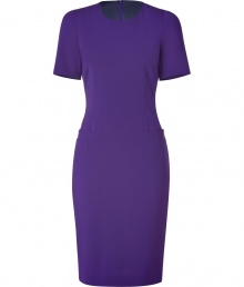 Classic sophistication is effortlessly achieved in this figure-hugging office dress from Paul Smith - Round neck, short sleeves, fitted silhouette, pockets at hip, back slit, concealed back zip closure - Pair with a boyfriend blazer and peep-toe pumps