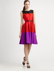 Vibrant colors add must-have appeal to this colorblock dress. Not only is it on trend this season, but it also offers a perfectly flattering silhouette.Round neckSleevelessFull skirtFront pocketsBow belt includedAbout 42 from shoulder to hem74% silk/26% cottonDry cleanImported Model shown is 5'11 (180cm) wearing US size 4. 