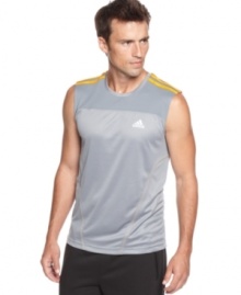 Power through. Raise your game with this sleeveless t-shirt from adidas featuring Climalite technology for moisture management.