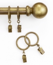 Featuring an elegant aged gold finish, this drapery clip ring set finishes your windows with practical sophistication. Clips slide easily over rod; clip to panels. Featuring an elegant aged gold finish, this drapery clip ring set finishes your windows with practical sophistication. Clips slide easily over rod; clip to panels.