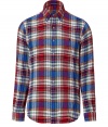 Classic red and blue ski plaids custom fit shirt -This slim tailored shirt is a great modern take on the classic dress shirt - On-trend plaid pattern with small polo logo on chest - Pair with slim trousers, a blazer, and motorcycle boots for grunge-meets-preppy - Try with jeans and a chunky wool cardigan